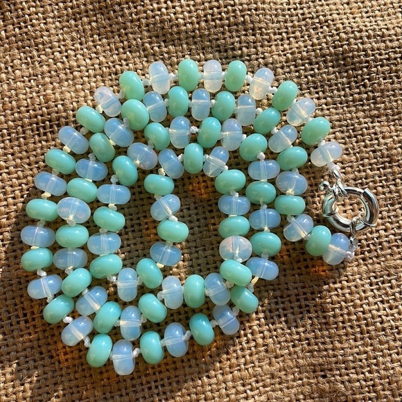 Mint Rondelle Glass & Opal Stone Beads Necklace Knotted Handmade New - Picture 8 of 10